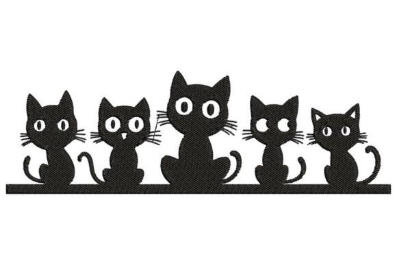 Row of Cute Black Cats Embroidery Design